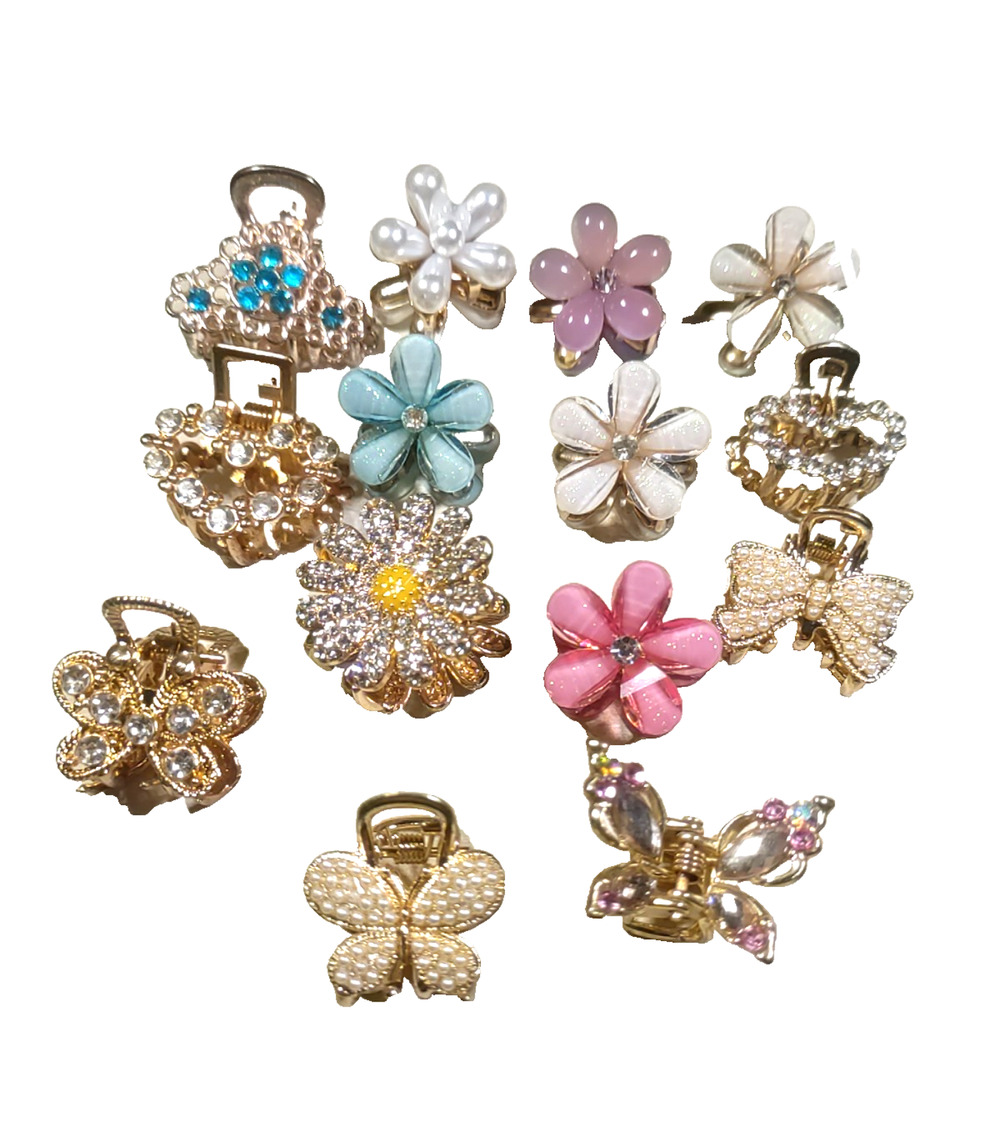 Lot Of 14 Small Barrette Claw Clips Floral Rhinestone No Matches